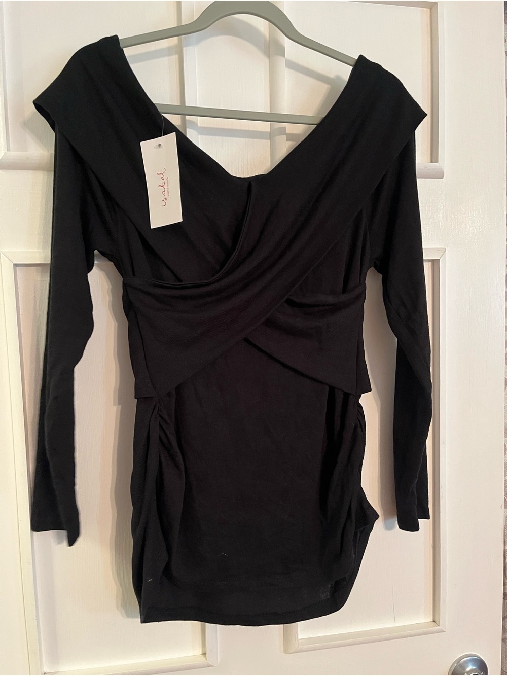 Women's Black Off-Shoulder Long Sleeve Draped Top